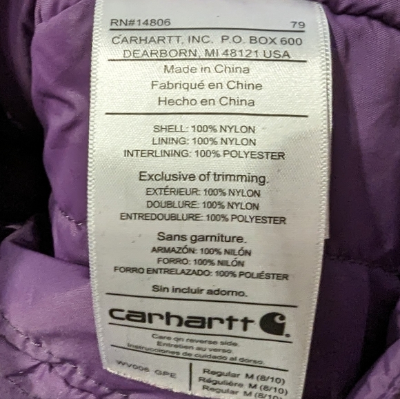 Carhartt Women's Medium Purple Nylon Puffer Vest Logo Zip Pockets - Picture 6 of 8